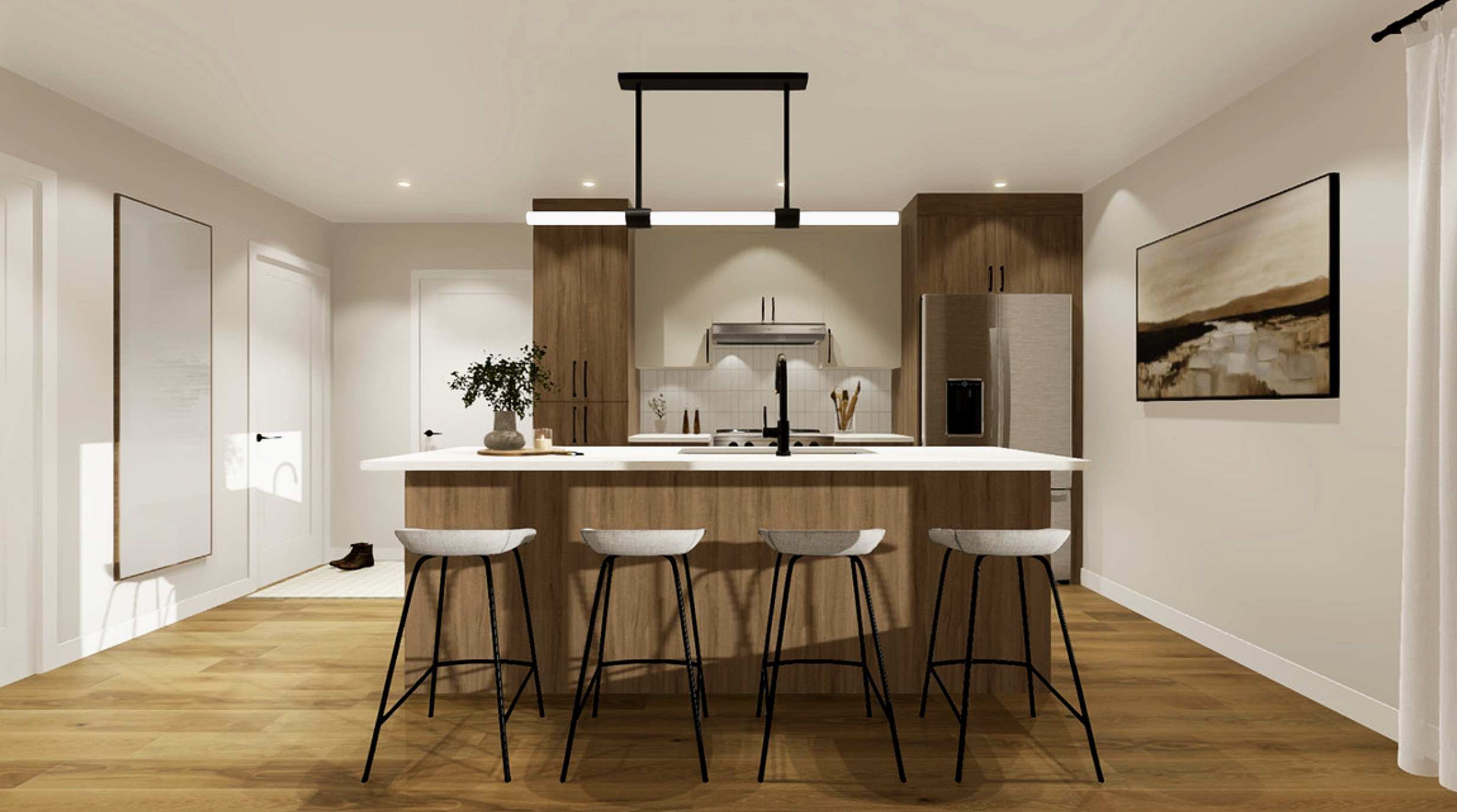 Cuisine moderne avec îlot en bois, quatre tabourets, électroménagers en acier inoxydable et œuvres d'art murales.