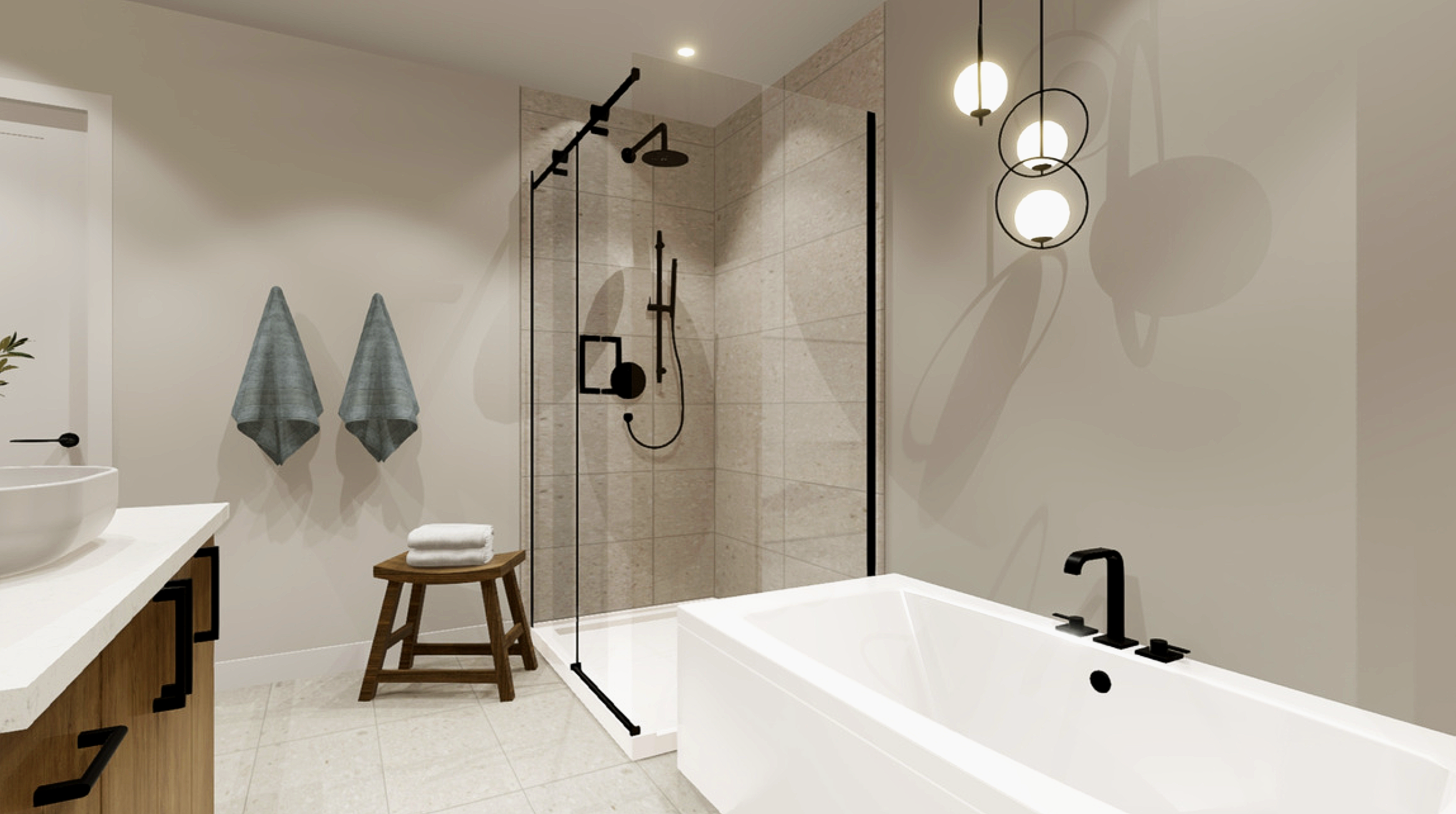 Salle de bain moderne avec douche à l'italienne, baignoire blanche, lavabo sur meuble en bois, deux serviettes grises sur le mur, un siège en bois avec serviettes, et un éclairage suspendu