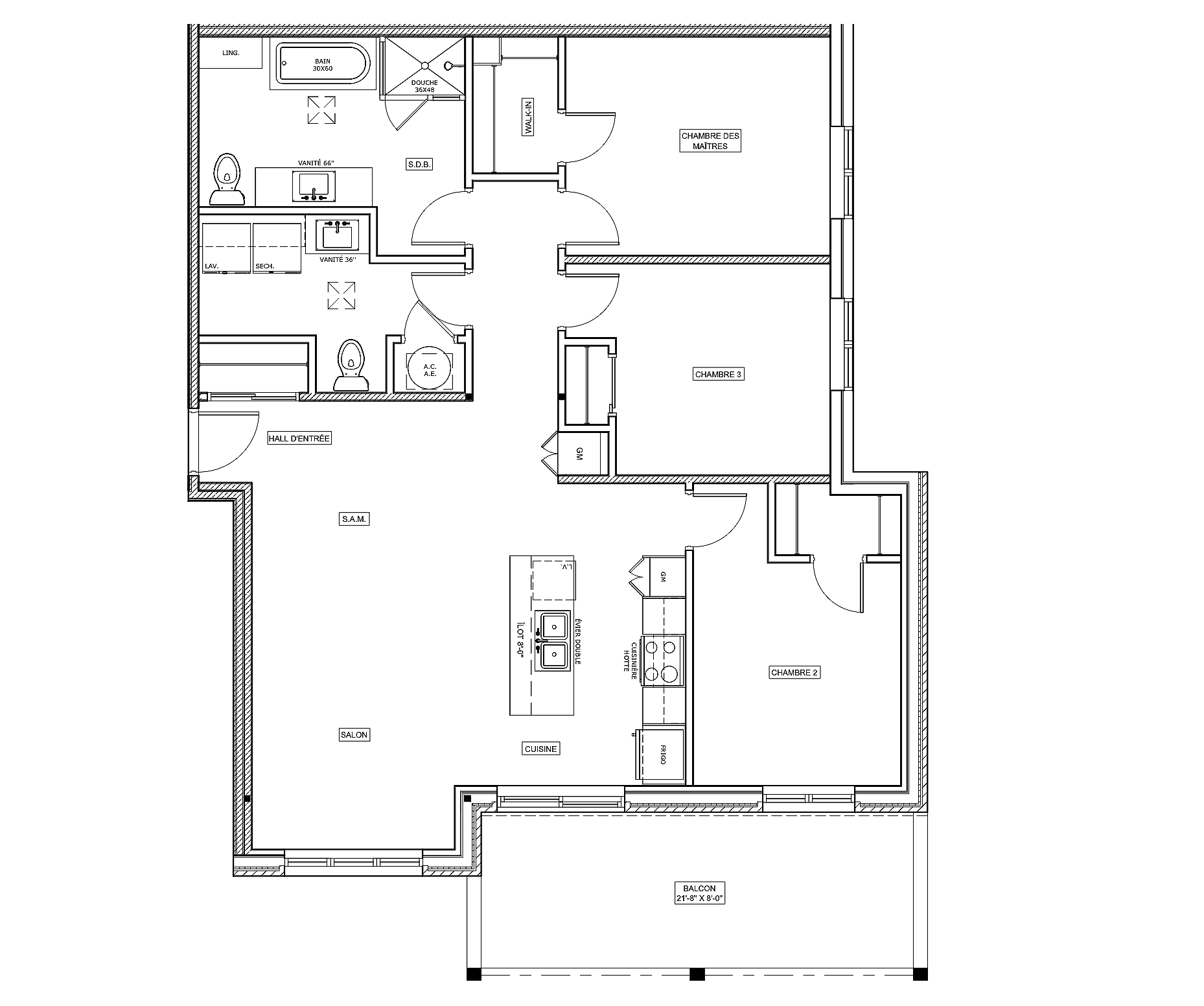 Plan d'appartement détaillé avec différentes pièces telles que salon, cuisine, chambres, salles de bain, balcon, et couloirs, avec des annotations en français.