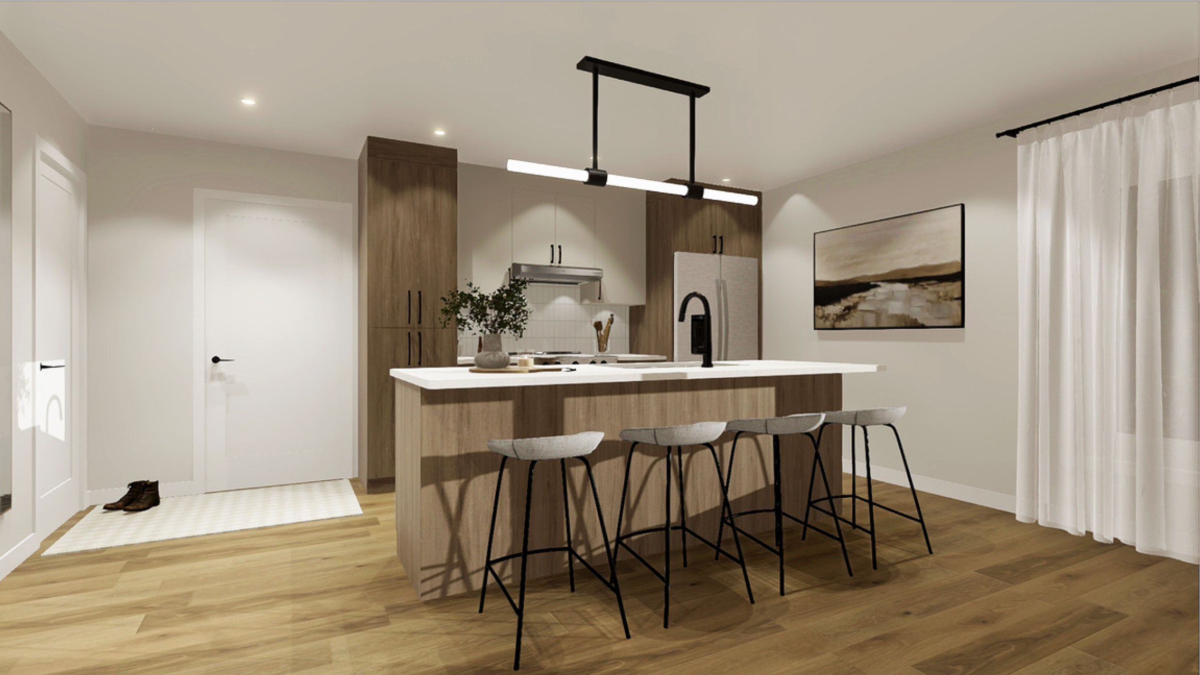 Cuisine moderne avec îlot en bois clair, four, réfrigérateur, et plan de travail blanc, éclairage suspendu, tableau abstrait sur le mur, porte blanche, rideaux blancs, sol en bois.