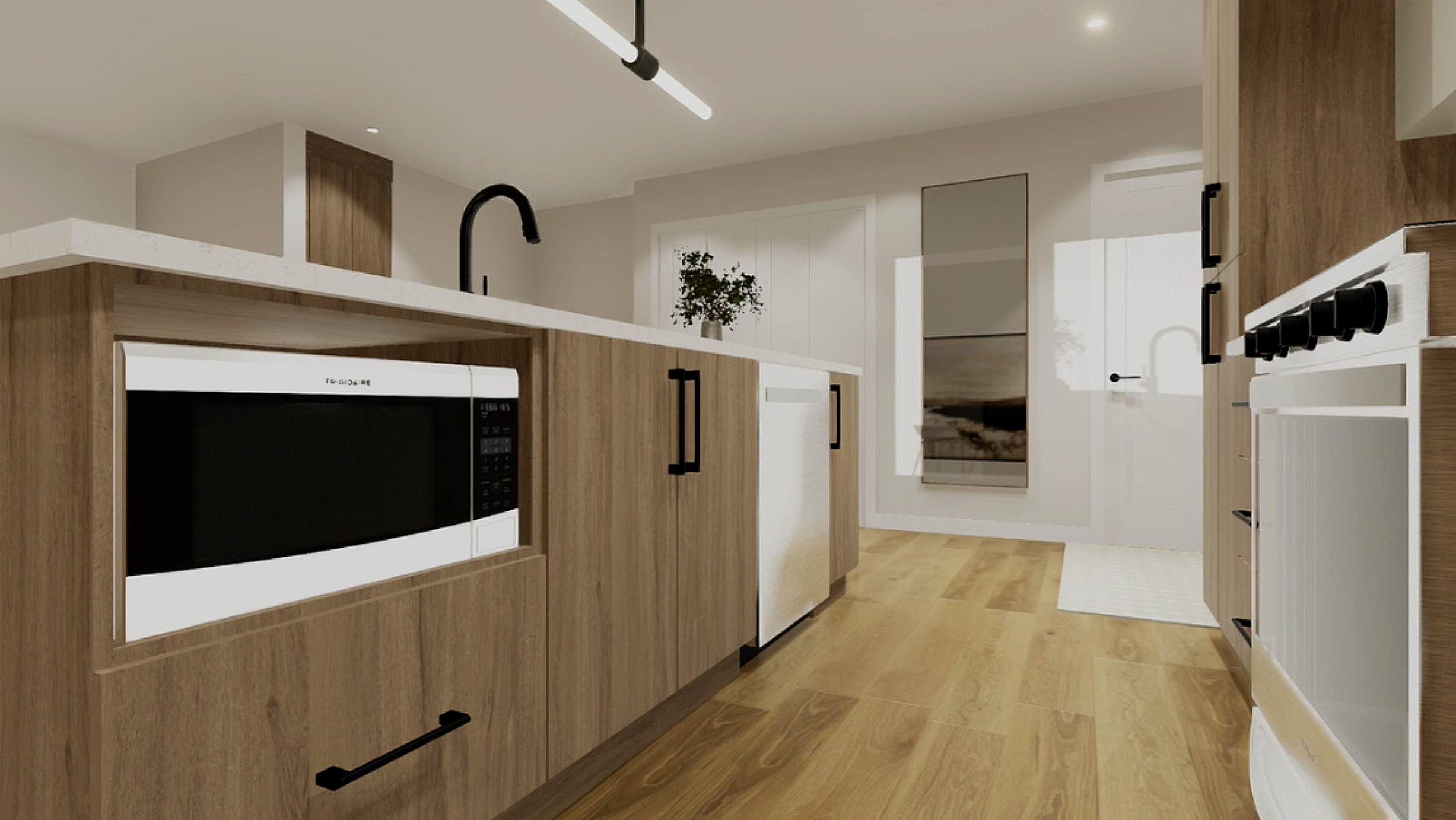 Cuisine moderne avec armoires en bois clair, micro-ondes blanc intégré, plan de travail en surface claire, grand miroir au mur, porte fenêtre laissant entrer la lumière naturelle, sol en bois, robinet noir au-dessus de l'évier noir, cuisinière blanche à gauche.