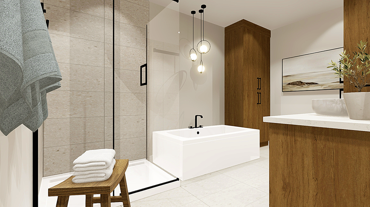 Salle de bain moderne avec baignoire, cabine de douche, armoires en bois, lavabo sur plan en bois, décor minimaliste, plantes, peinture