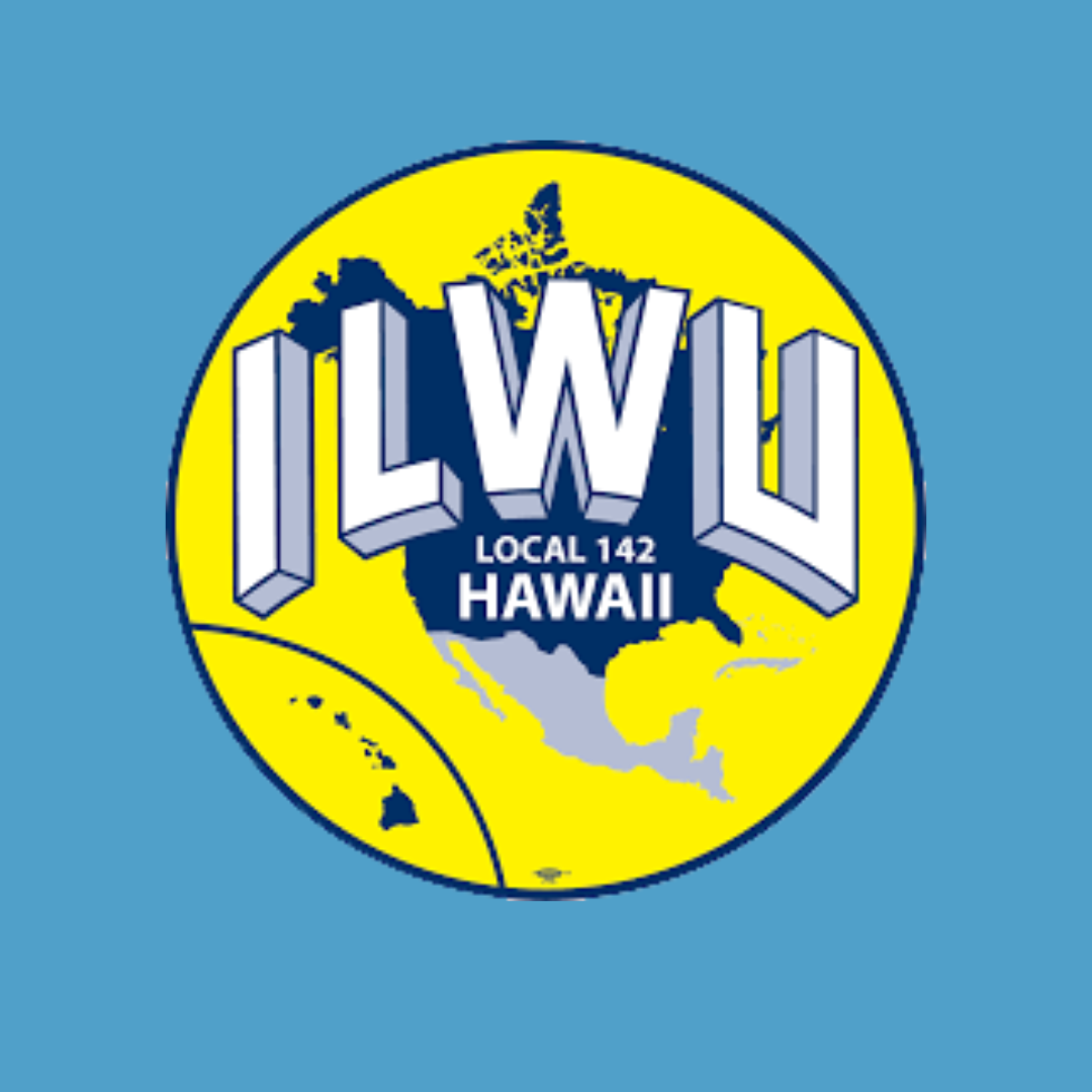 Logo with the letters 'L.W.O' over a map of the United States, with 'Local 142 Hawaii' written underneath, set against a yellow and blue circular background.