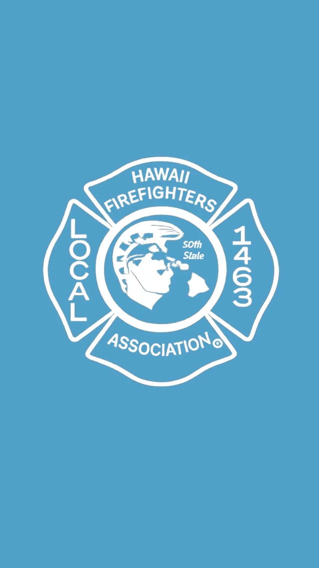 Hawaii Firefighters Association emblem with a blue background, featuring a firefighter's helmet and a globe.