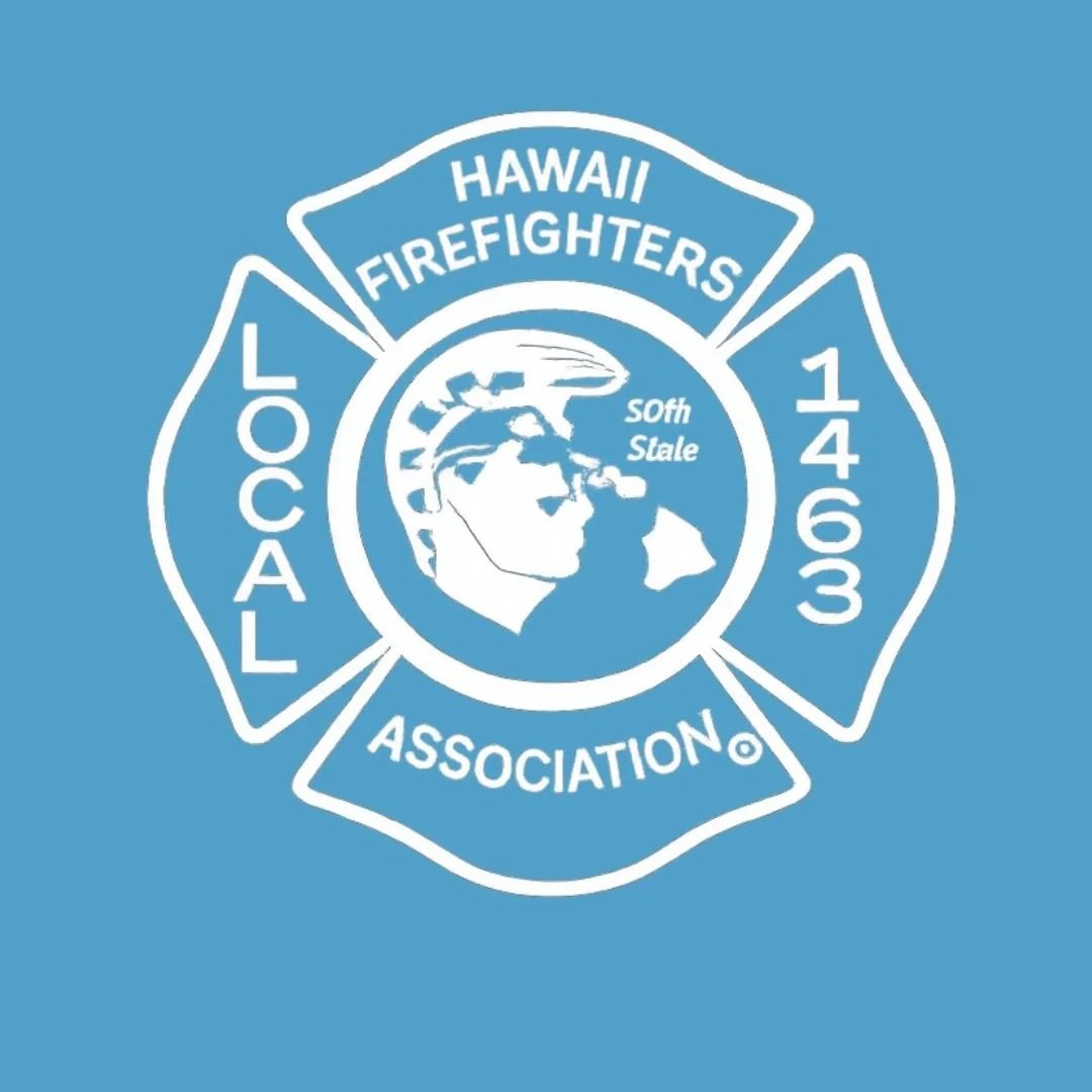 Logo of the Hawaii Firefighters Association, with the words Hawaii Firefighters, LACO, 14030, and a central emblem featuring a firefighter's profile with a globe background.