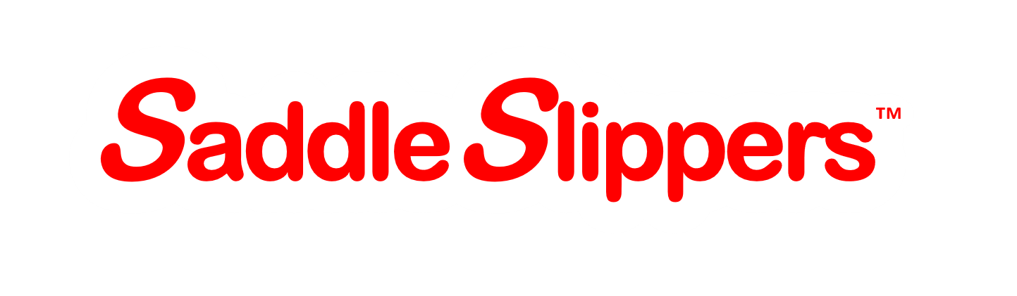 Logo of Saddle Slippers in red text with a white outline
