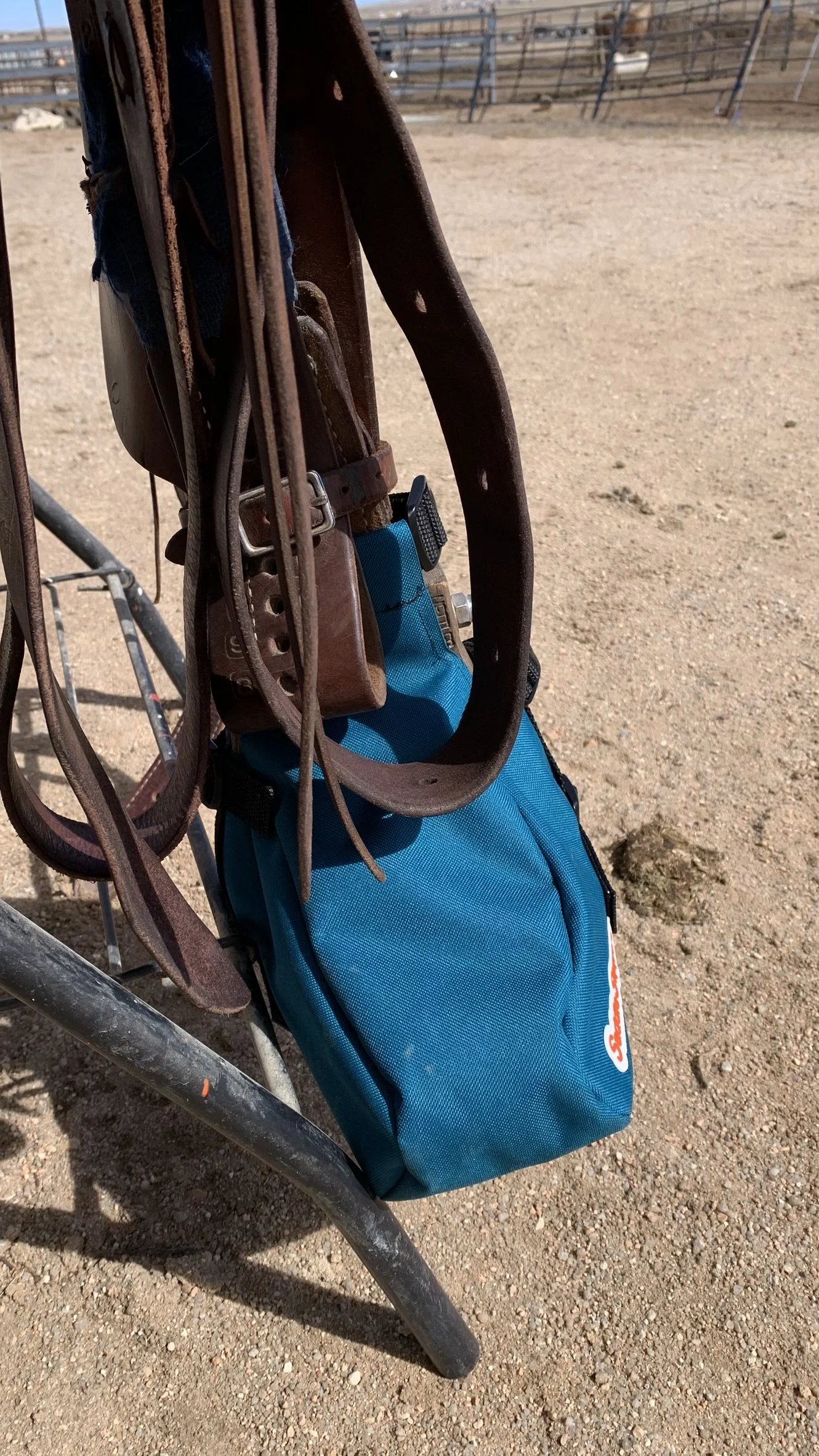 A turquoise Saddle Slipper attached to a stirrup and saddle sitting on a stand.