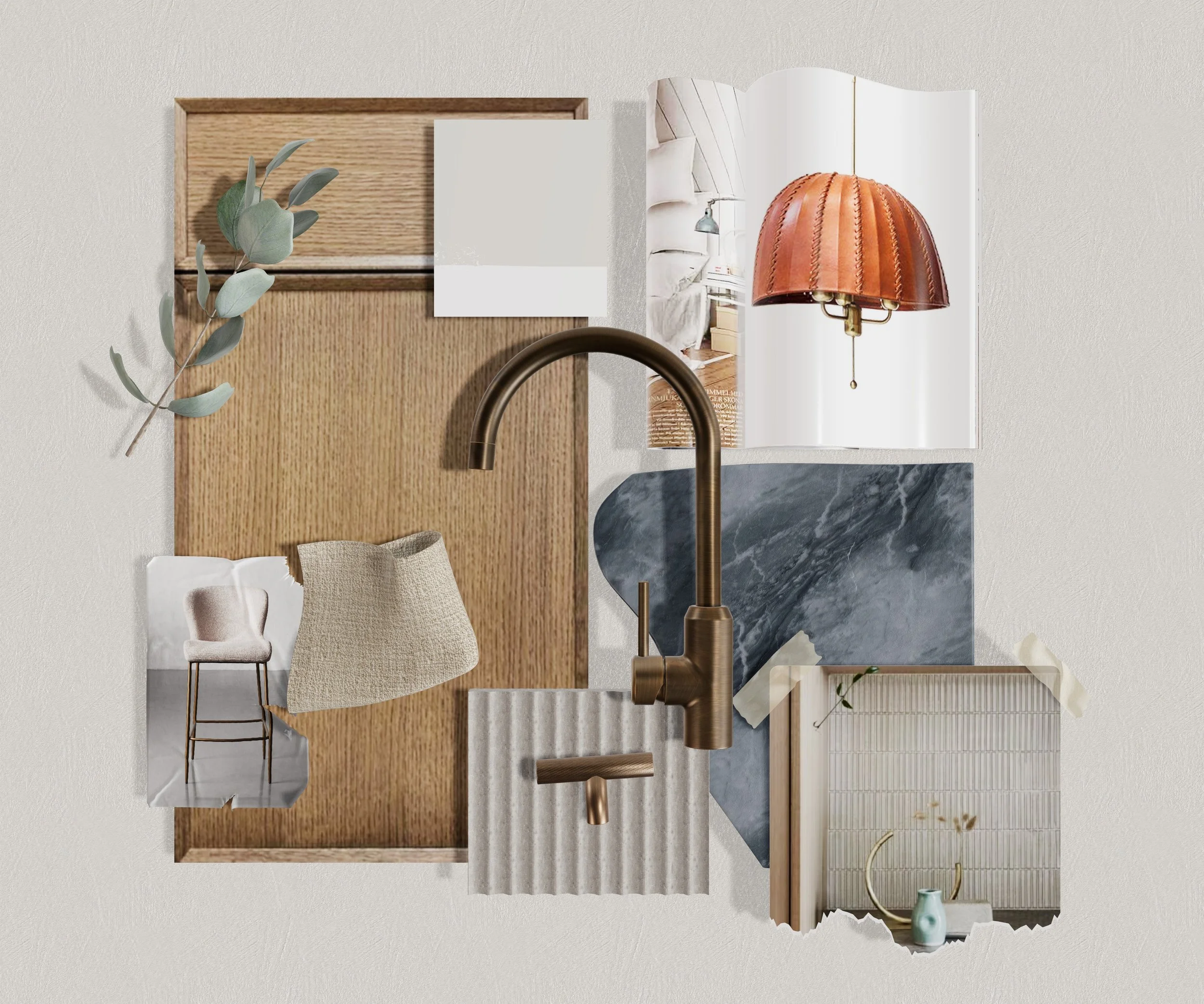A collage of interior design materials including wood, marble, fabric, a photo, a lamp, and a faucet.