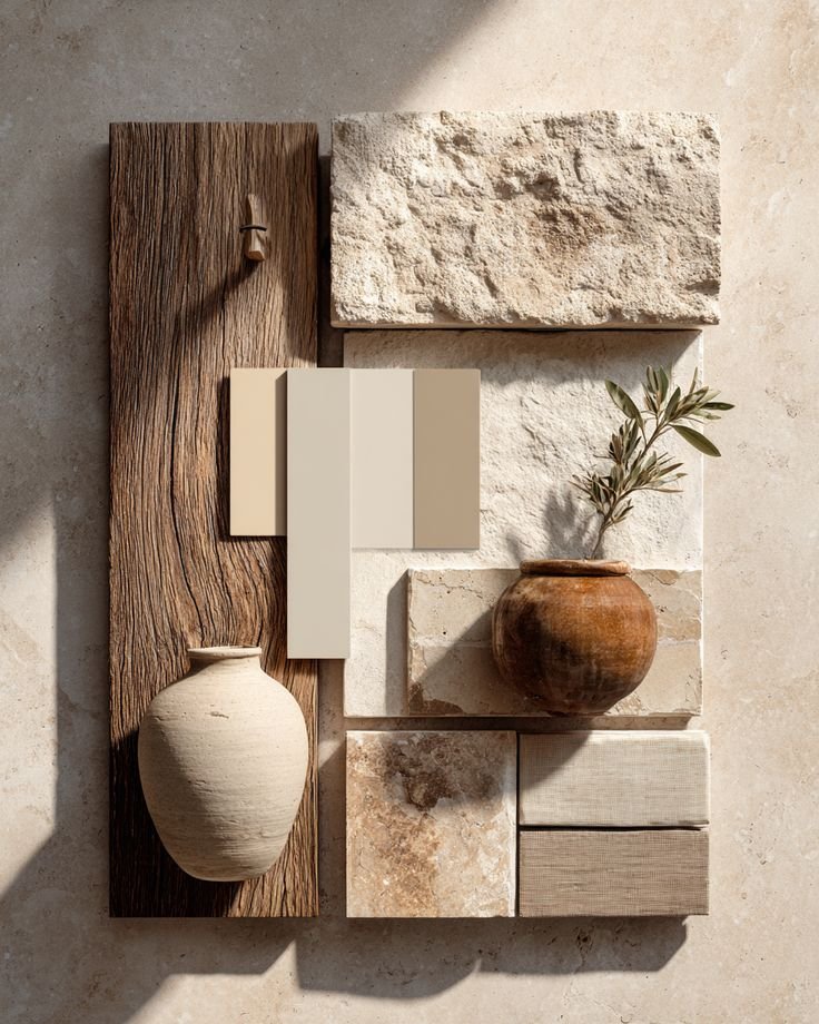 Organic interior design mood board with stone tile, wood textures, neutral paint colors, and handcrafted ceramics by a Bay Area interior designer.
