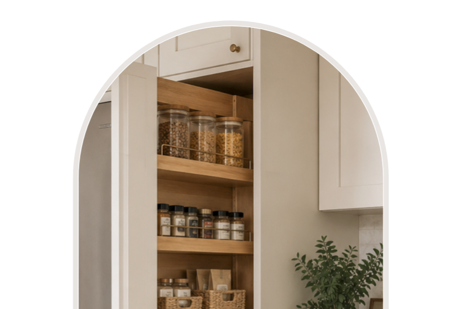 A custom pull-out pantry built into a narrow kitchen gap