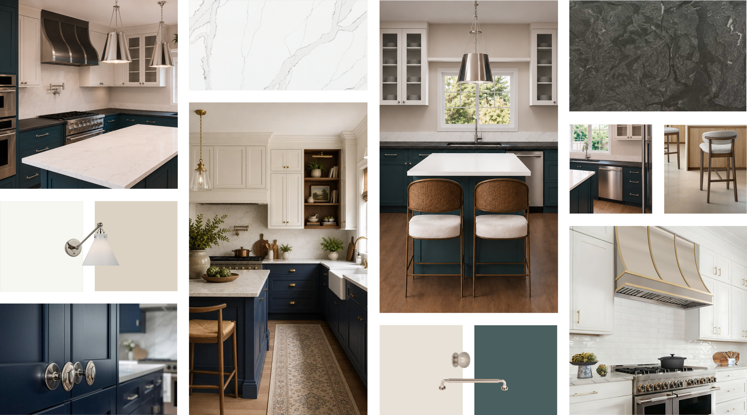 Collage of kitchen interior design images featuring white and blue cabinets, marble countertops, kitchen appliances, pendant lights, chairs, and various countertops and wall textures.