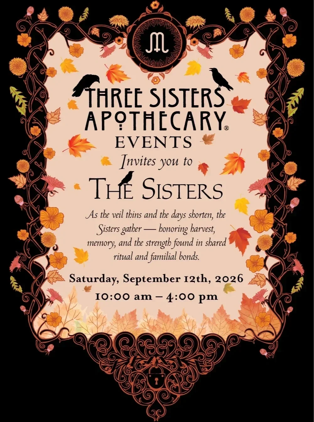Invitation poster for Three Sisters Apothecary events featuring autumn leaves, floral designs, and black birds, with event details and date.