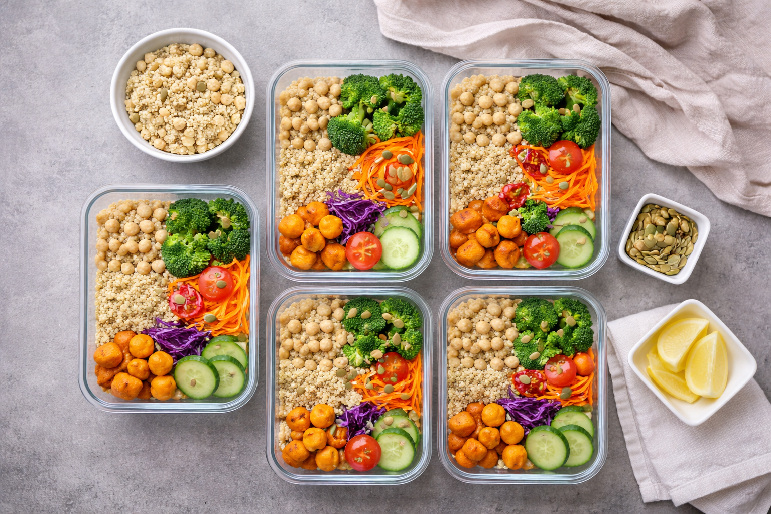 Four glass meal prep containers filled with a colorful vegetable and chickpea salad, stacked on a gray surface. Additional small bowls contain pumpkin seeds and lemon wedges. The salads include broccoli, cherry tomatoes, cucumbers, shredded carrots, purple cabbage, chickpeas, and a grain.