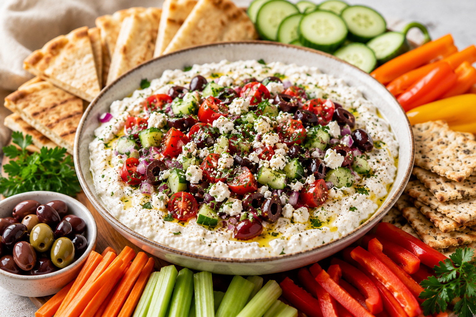 Loaded Mediterranean Cottage Cheese Dip