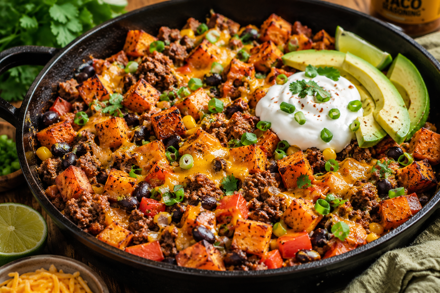 🌱 Loaded Beef &amp; Crispy Sweet Potato Skillet