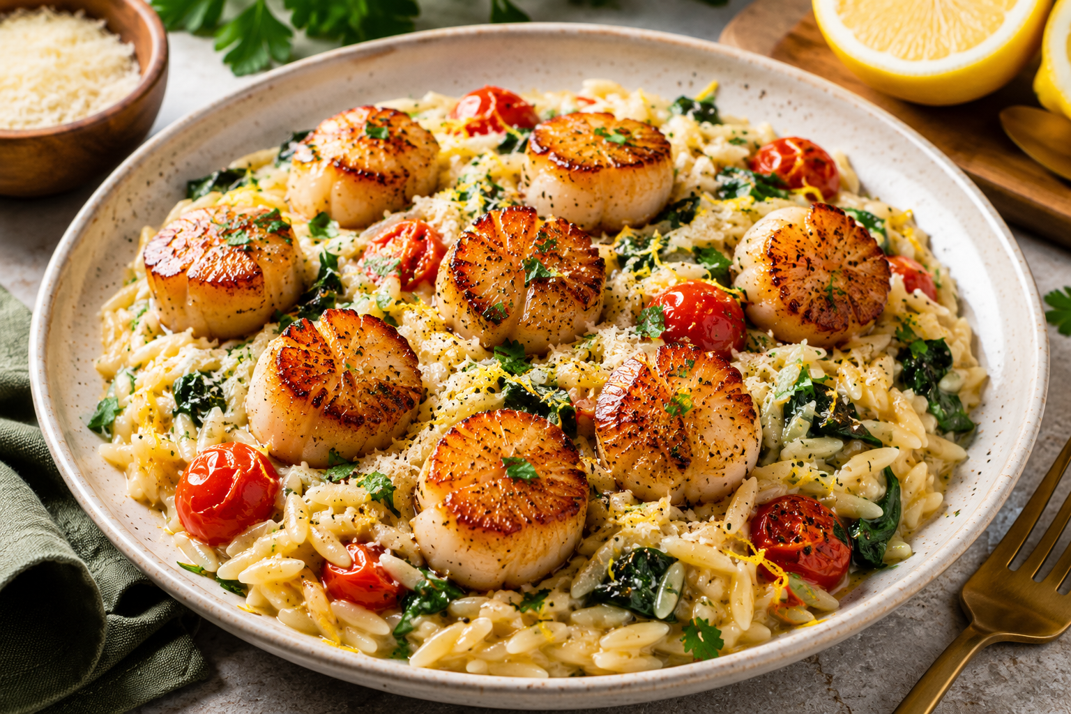 Seared Scallops with Creamy Lemon Parmesan Orzo 🍋