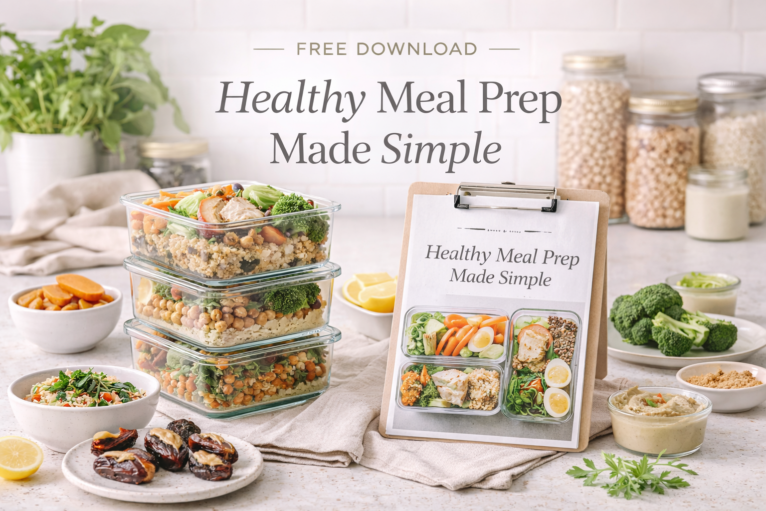 Healthy meal prep containers and vegetables for meal planning guide.