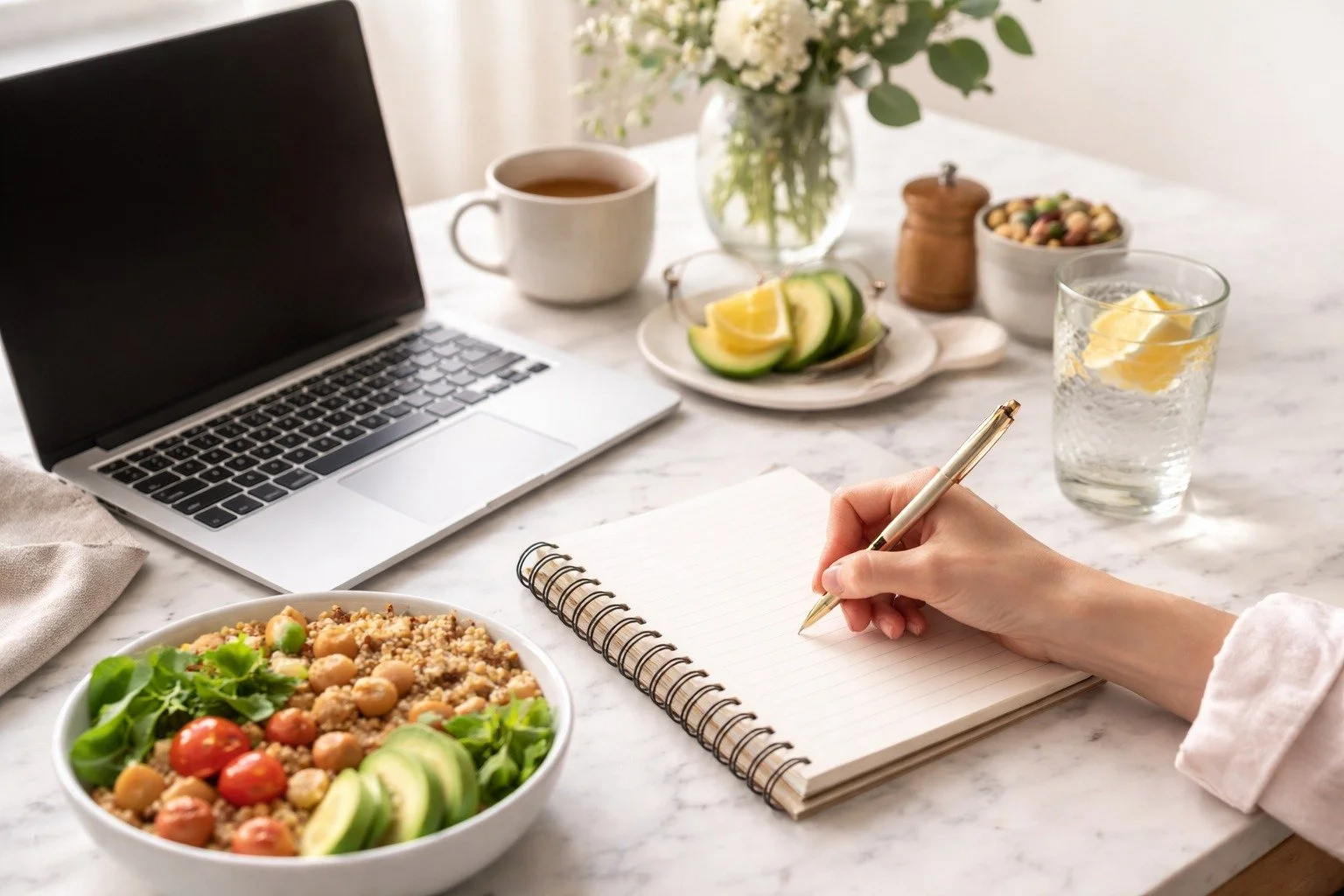 Nutrition planning with healthy meals, tea, and laptop on marble table.