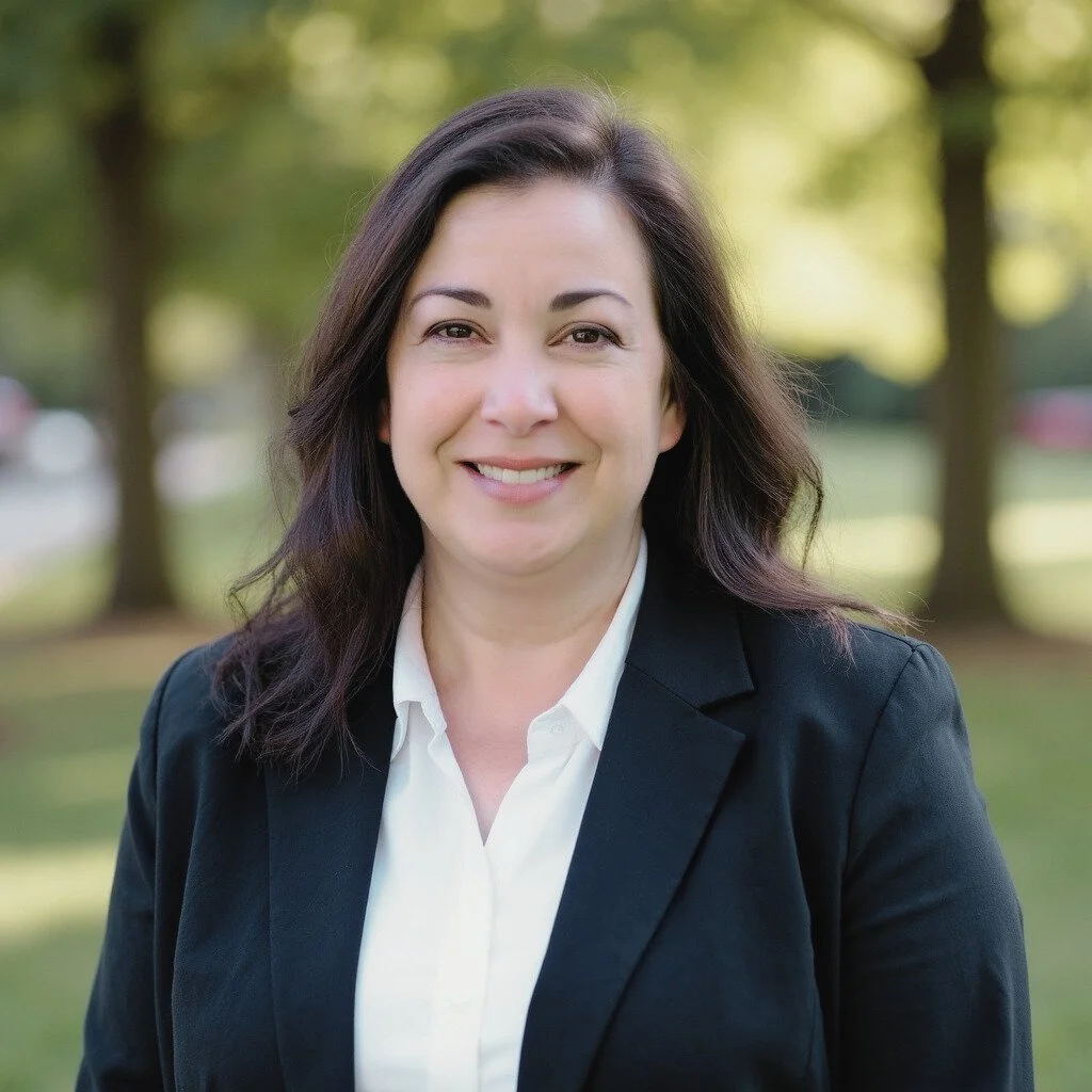 A woman with dark brown hair wearing a white blouse and black blazer smiling outdoors with trees in the background.