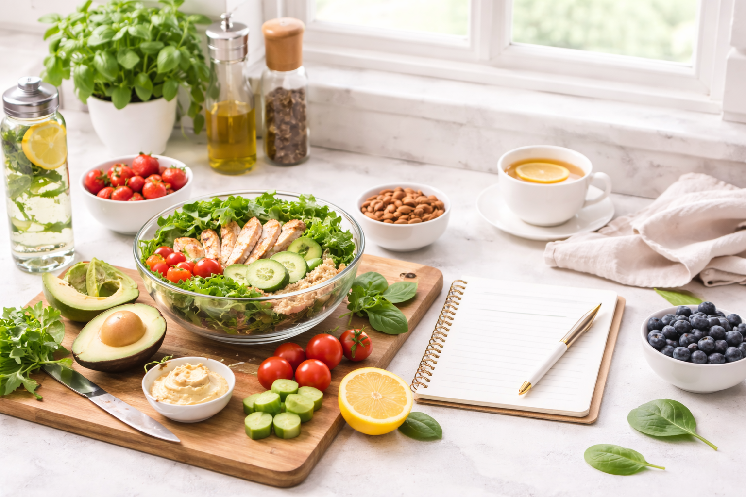 Fresh ingredients and prepared salad on a kitchen counter near a window, including avocado, cherry tomatoes, cucumber, shredded chicken, lettuce, basil, blueberries, lemon, hummus, almonds, and a cup of lemon tea.