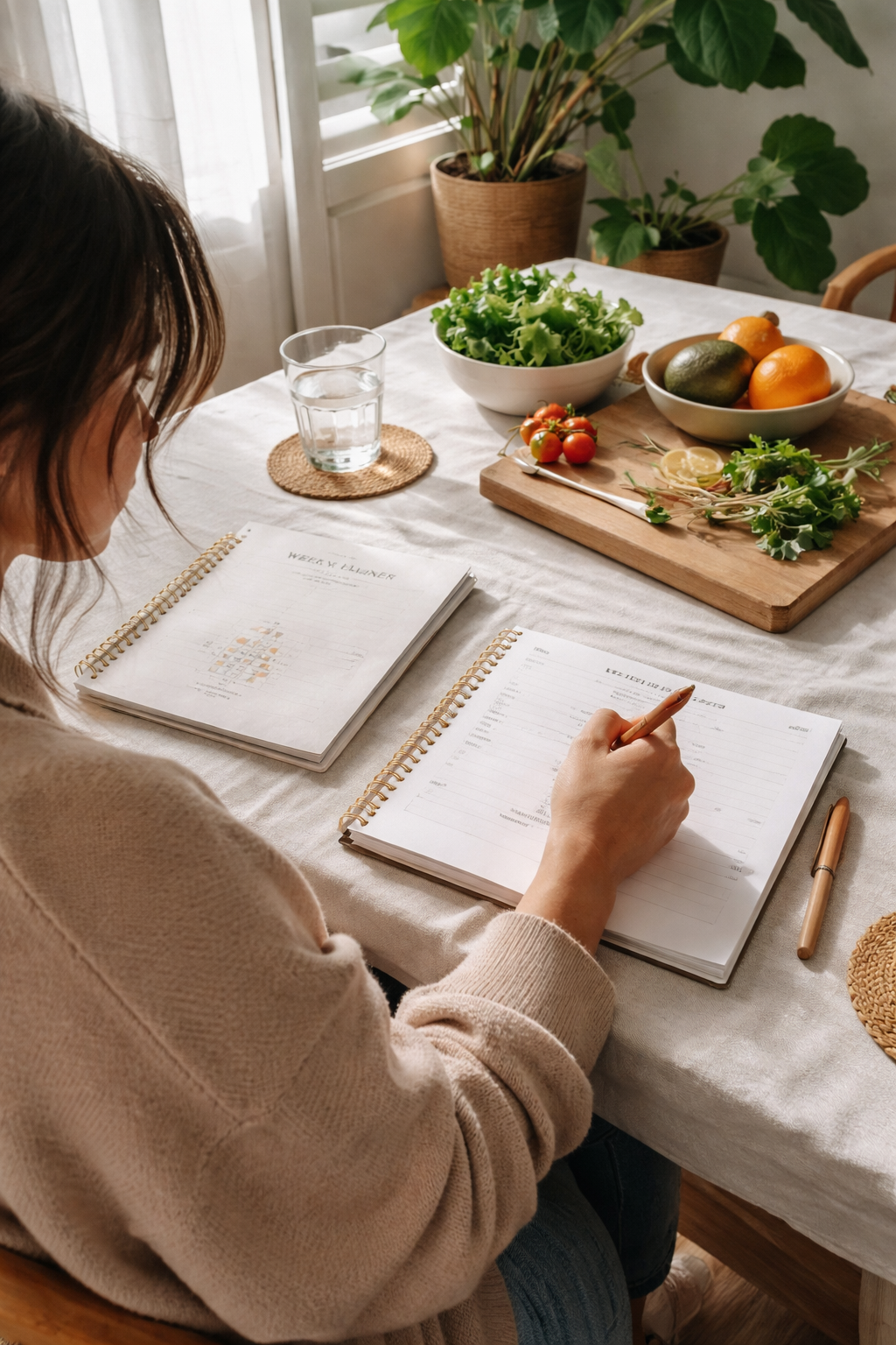 A woman writes in a planner at a table with fresh vegetables and salad ingredients, a glass of water, and houseplants nearby.