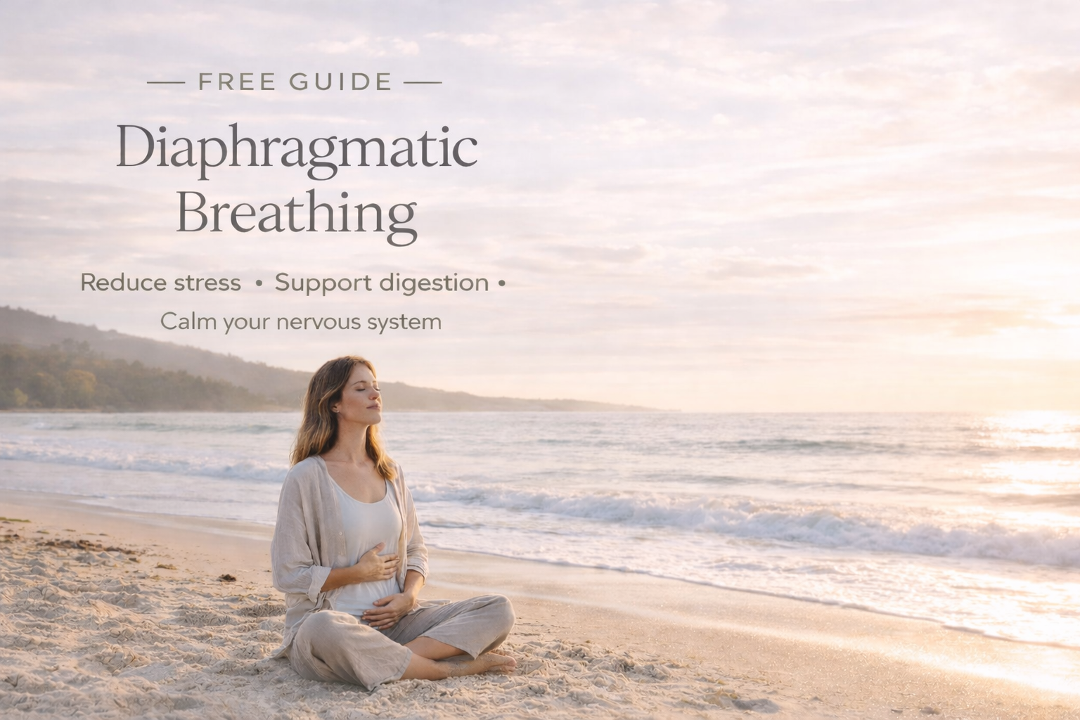Woman practicing diaphragmatic breathing on beach at sunset.