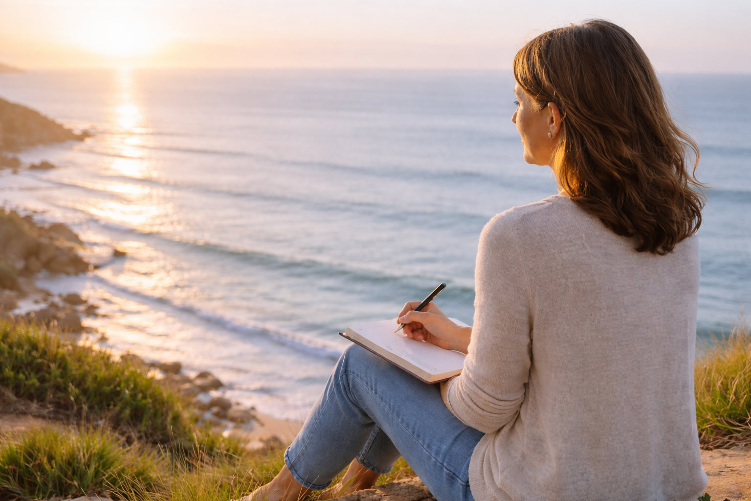 Woman journaling outdoors during wellness reflection at sunset.