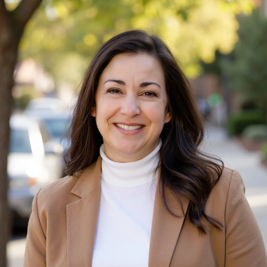A smiling woman with long dark hair, wearing a beige blazer and white turtleneck, standing outdoors on a sunny day with trees and blurred cars in the background.