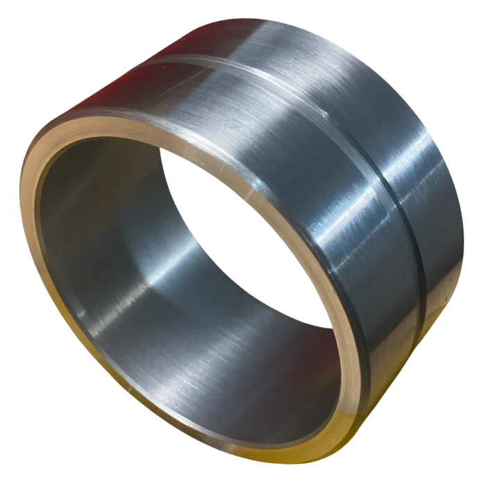 A metallic ring or bearing with a smooth, shiny surface and a beige inner lining.