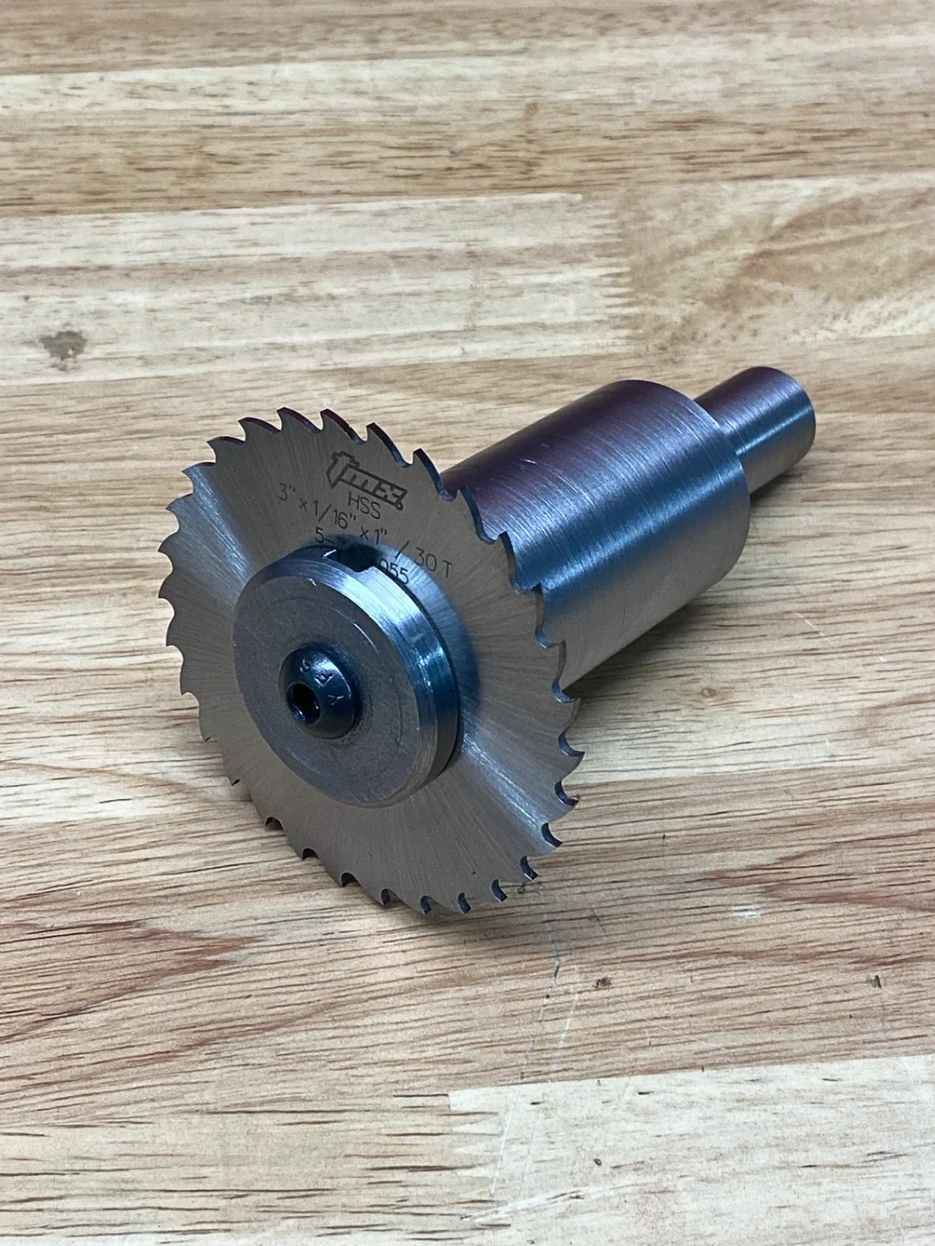Custom machined 1018 steel slitting saw arbor designed for accurate blade support during precision machining operations.