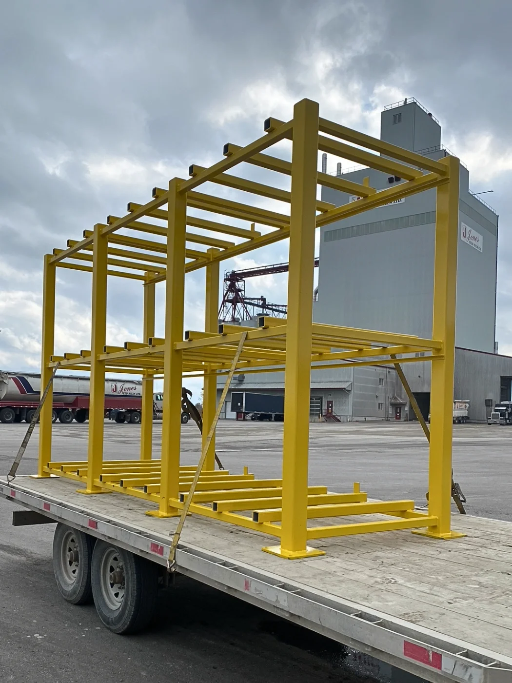 Custom aluminum bale drying rack used in a recycling facility to support airflow and material storage after processing