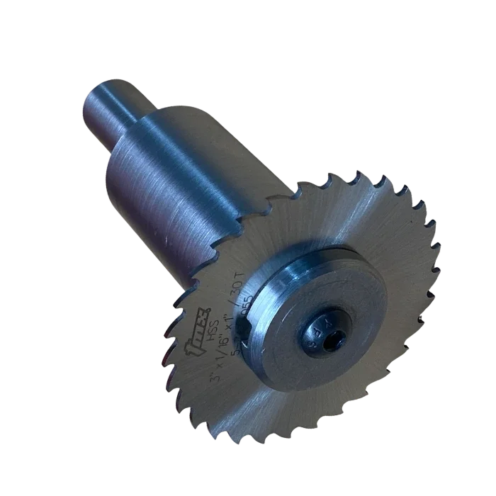 A circular saw blade with a metal cylindrical component attached.