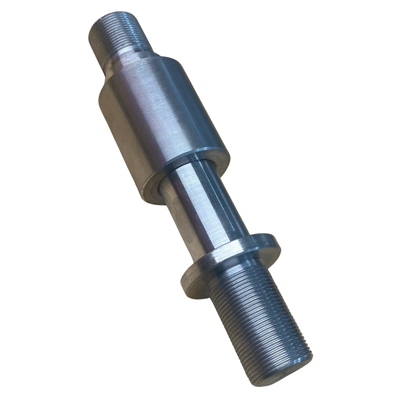 A close-up of a metal bolt with threading on both ends and a cylindrical middle section, isolated on a black background.