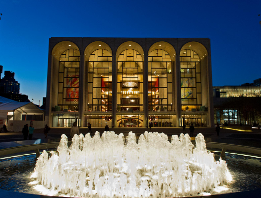 A photo of the fountain and arched windows at the Metropolitan Opera in New York City