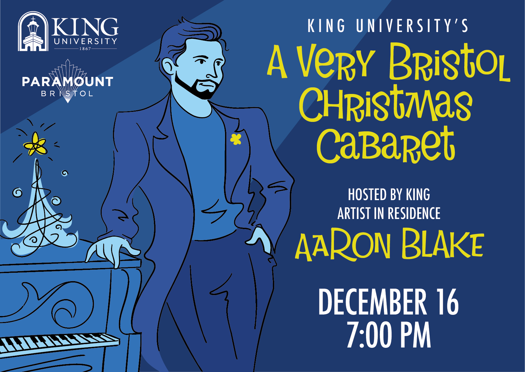 A blue-colored cartoon representation of Aaron Blake leaning on a piano