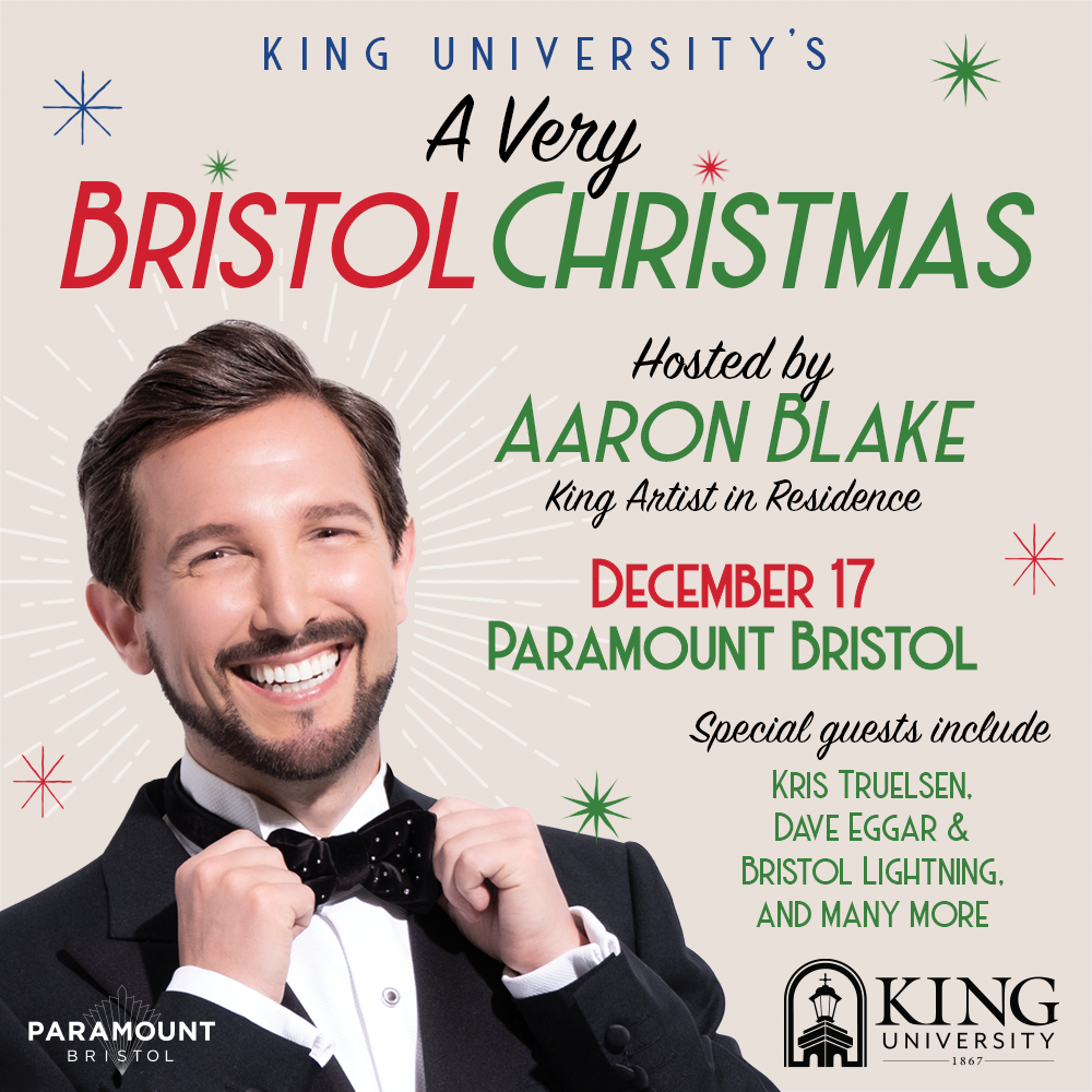 Poster for 'A Very Bristol Christmas' hosted by Aaron Blake at Paramount Bristol on December 17, featuring Kris Trulsen, Dave Eggar, Bristol Lightning, and others, with a smiling man in a tuxedo adjusting his bowtie.