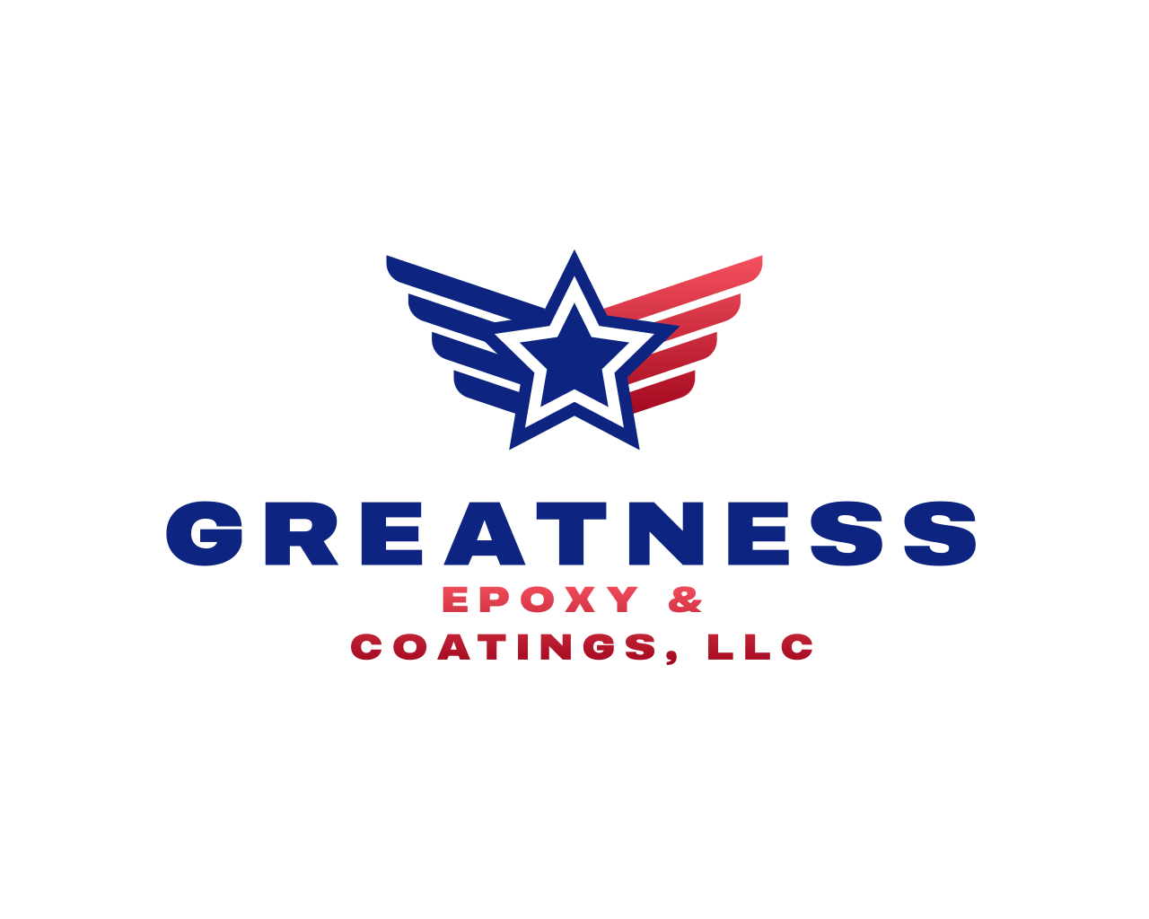 Logo for Greatness Epoxy & Coatings, LLC, featuring a stylized star with wings in red and blue, and the company name in bold blue and red text.