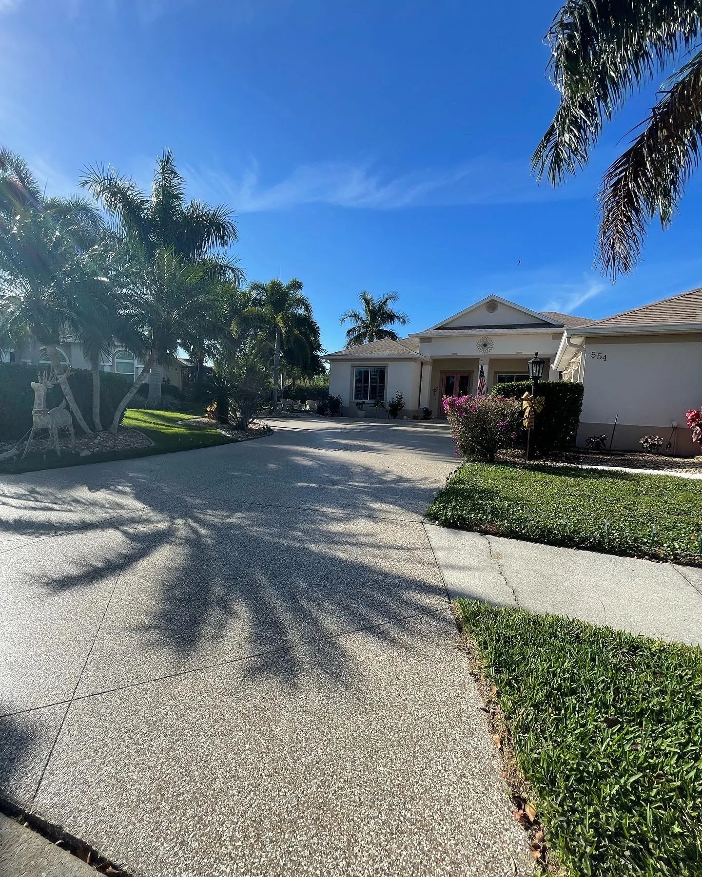 A clear, sunny day outside a residential home with palm trees, bushes, and a well-maintained lawn.