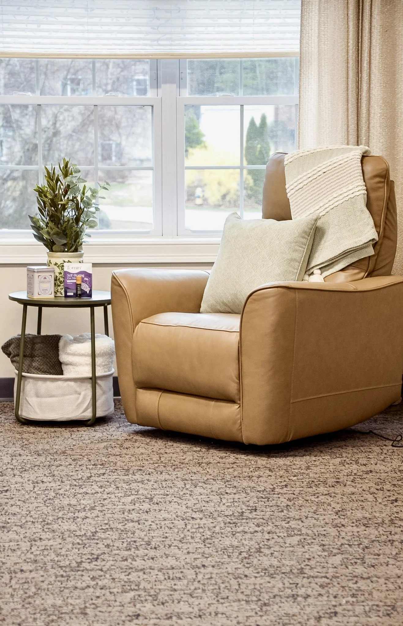 Living room scene with a tan armchair, decorative pillows, a side table with a potted plant and health products, large window with curtains, and a patterned carpet.