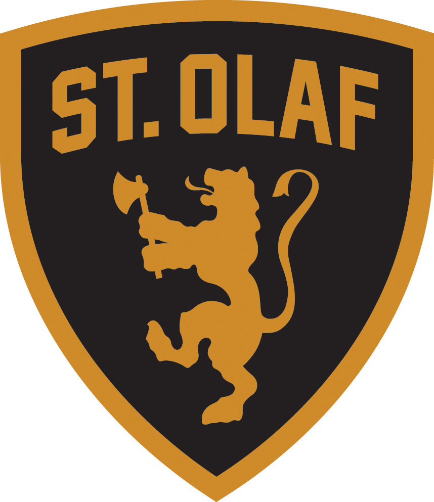 A black shield-shaped logo with a gold border, featuring the words 'St. Olaf' at the top and a gold lion holding a sword in the center.