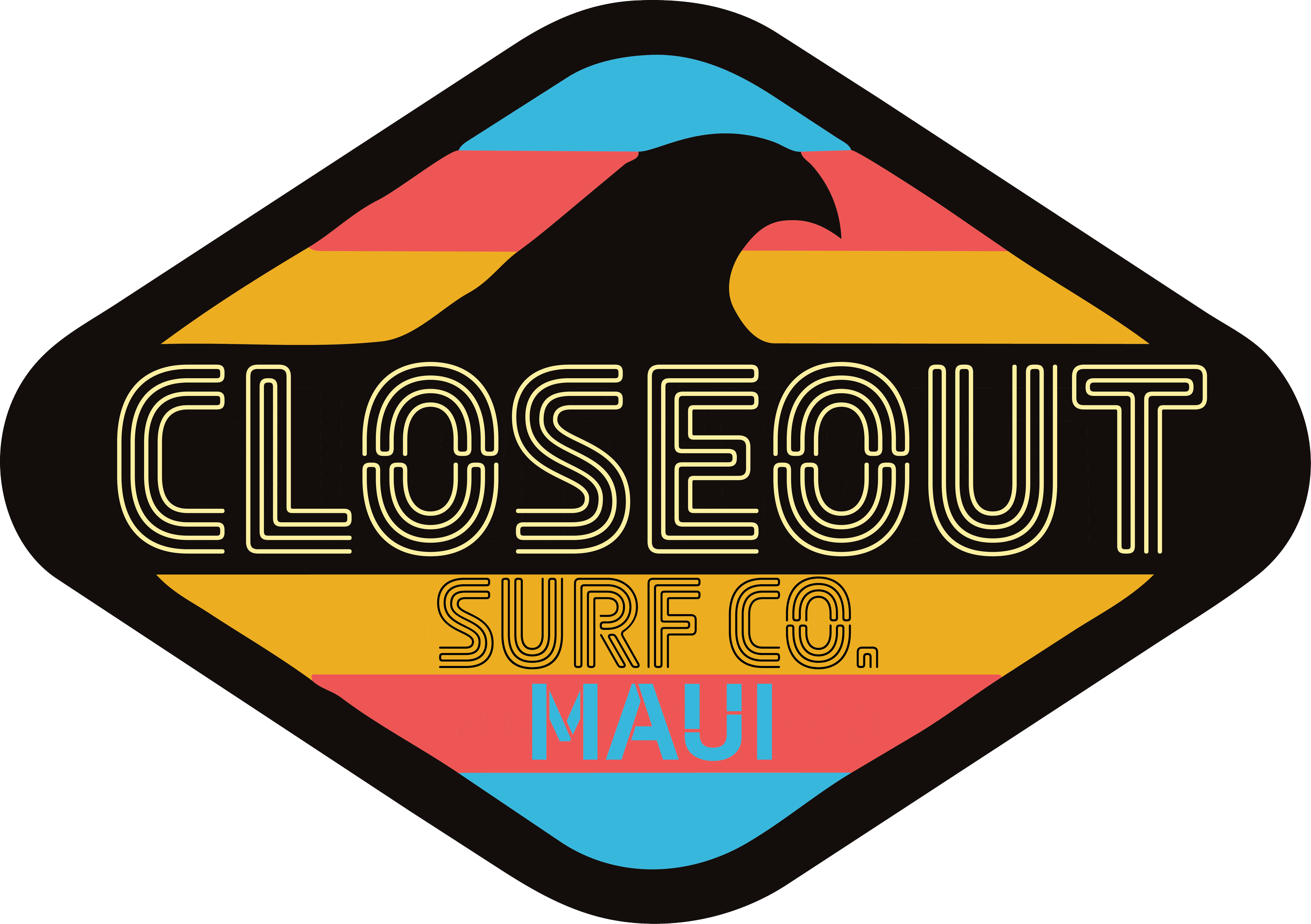 A colorful surf company logo for Closeout Surf Co. Maui featuring a black wave icon above the text on a diagonal striped background with yellow, red, and blue colors.
