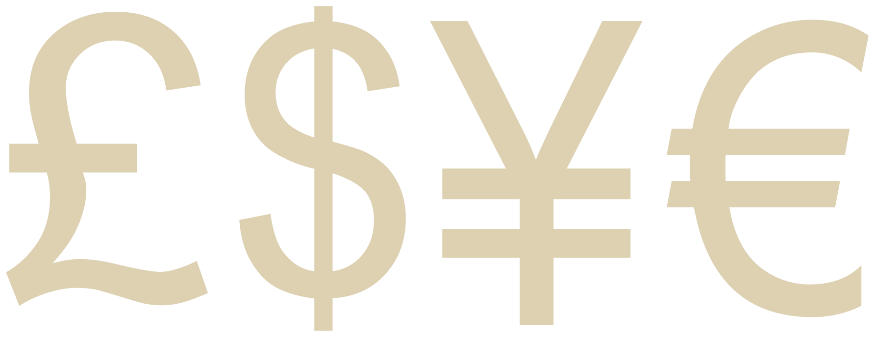 The image displays the word "PRICE" with each letter replaced by a currency symbol, from left to right: dollar, euro, yen, and pound.