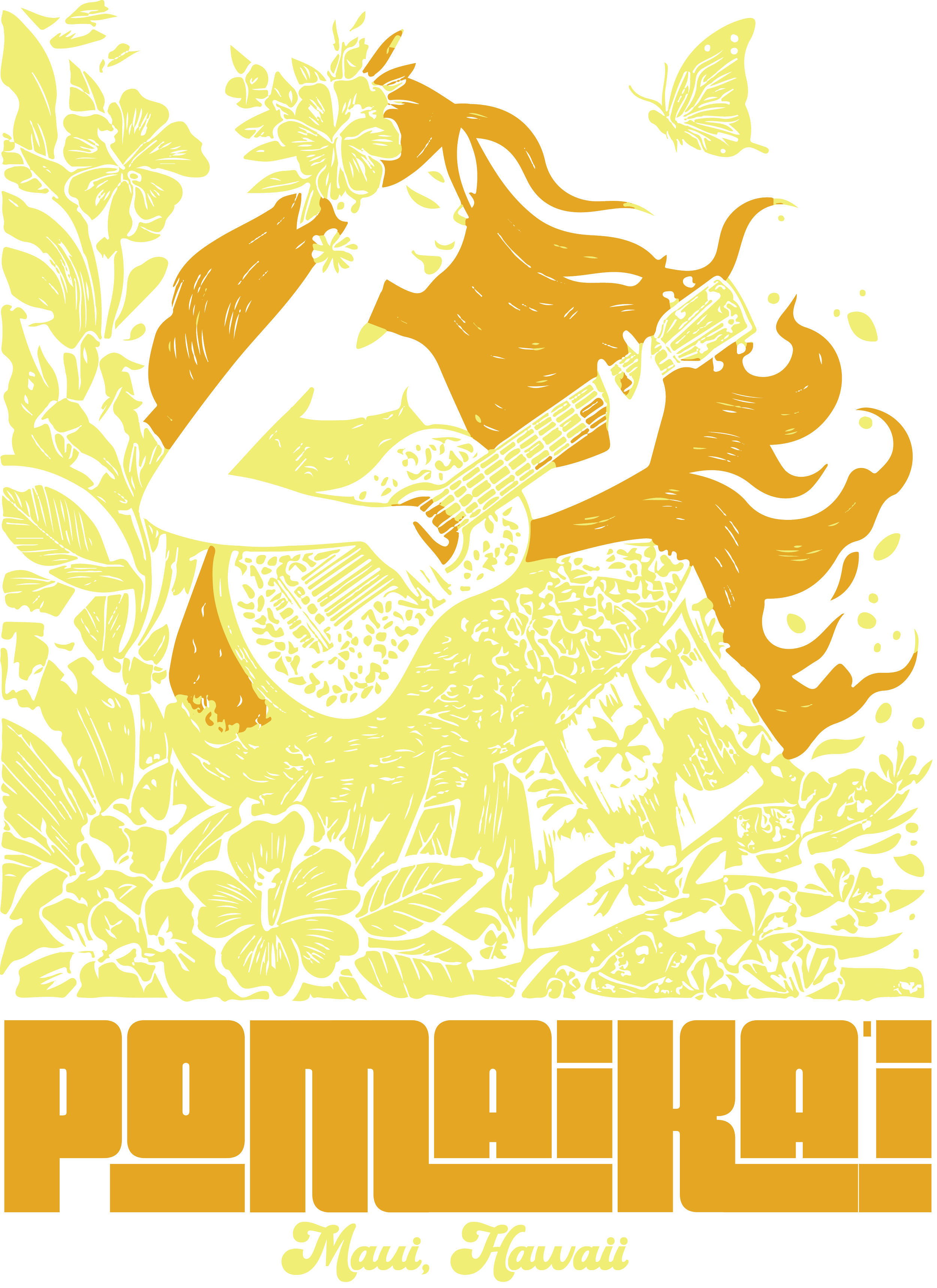 A stylized illustration of a woman with long hair and a floral headpiece, playing a guitar amid tropical flowers. The background includes leaves, flowers, and butterflies. The text at the bottom reads 'Poli'Aiki Maui, Hawaii' in bold letters.