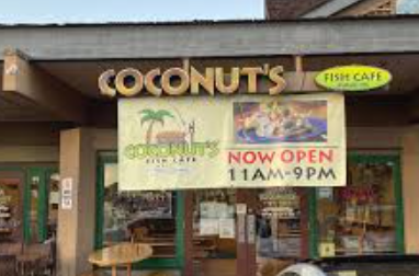 Sign for Codnut's Fish Cafe with opening hours 11AM-9PM and a 'Now Open' banner, storefront with windows and door.