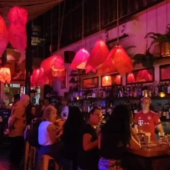 A lively bar or restaurant with pink hanging lamps, people sitting and socializing at the bar, and shelves with bottles of alcohol in the background.