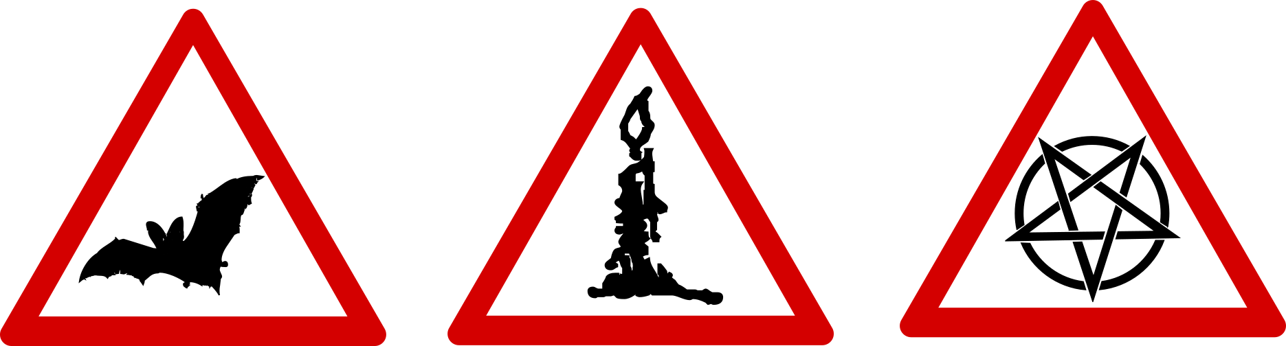 3 símbolos criados que nunca foram usados. Todos os símbolos são sinais de perigo brancos e vermelhos, o primeiro tem um morcego preto, o segundo tem uma vela preta e o terceiro tem um pentagrama.