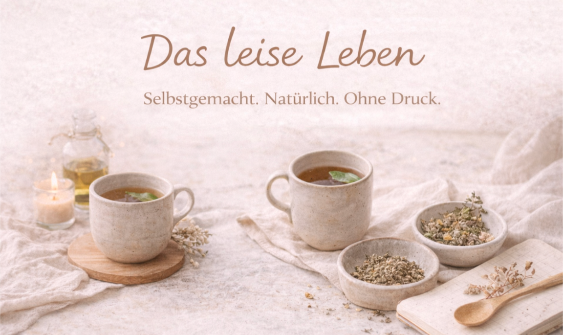 Zwei Tassen mit Kräutertee, drei kleine Schälchen mit getrockneten Kräutern, eine Kerze, eine Flasche mit Öl, ein Holzlöffel, Notizbuch auf weißem Stoff