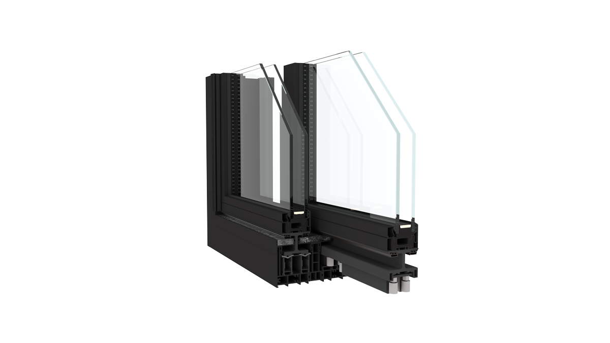Section of a black multi-pane window with glass panes at different angles and layers.