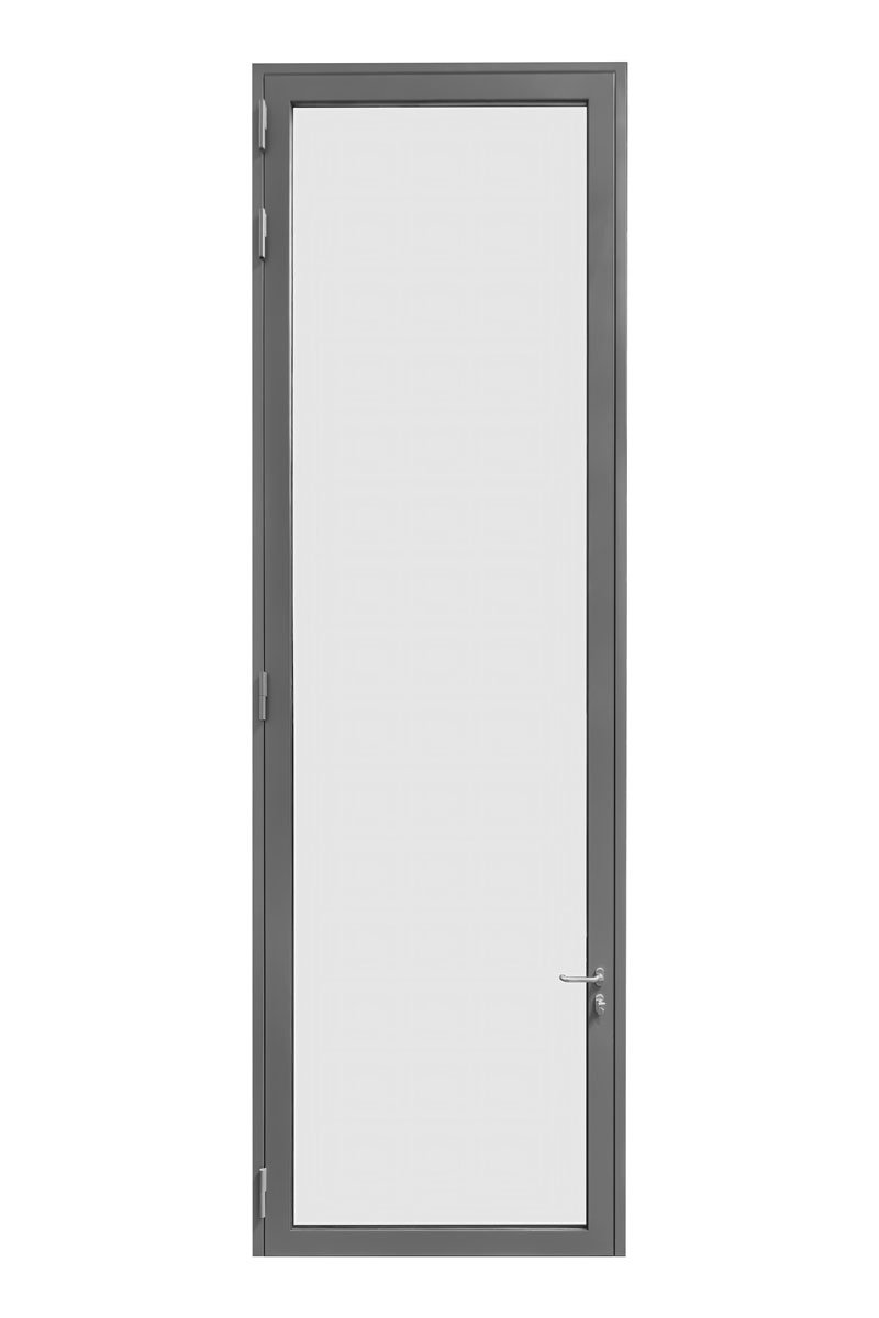 Gray metal door with a window in the center and a handle on the right side.