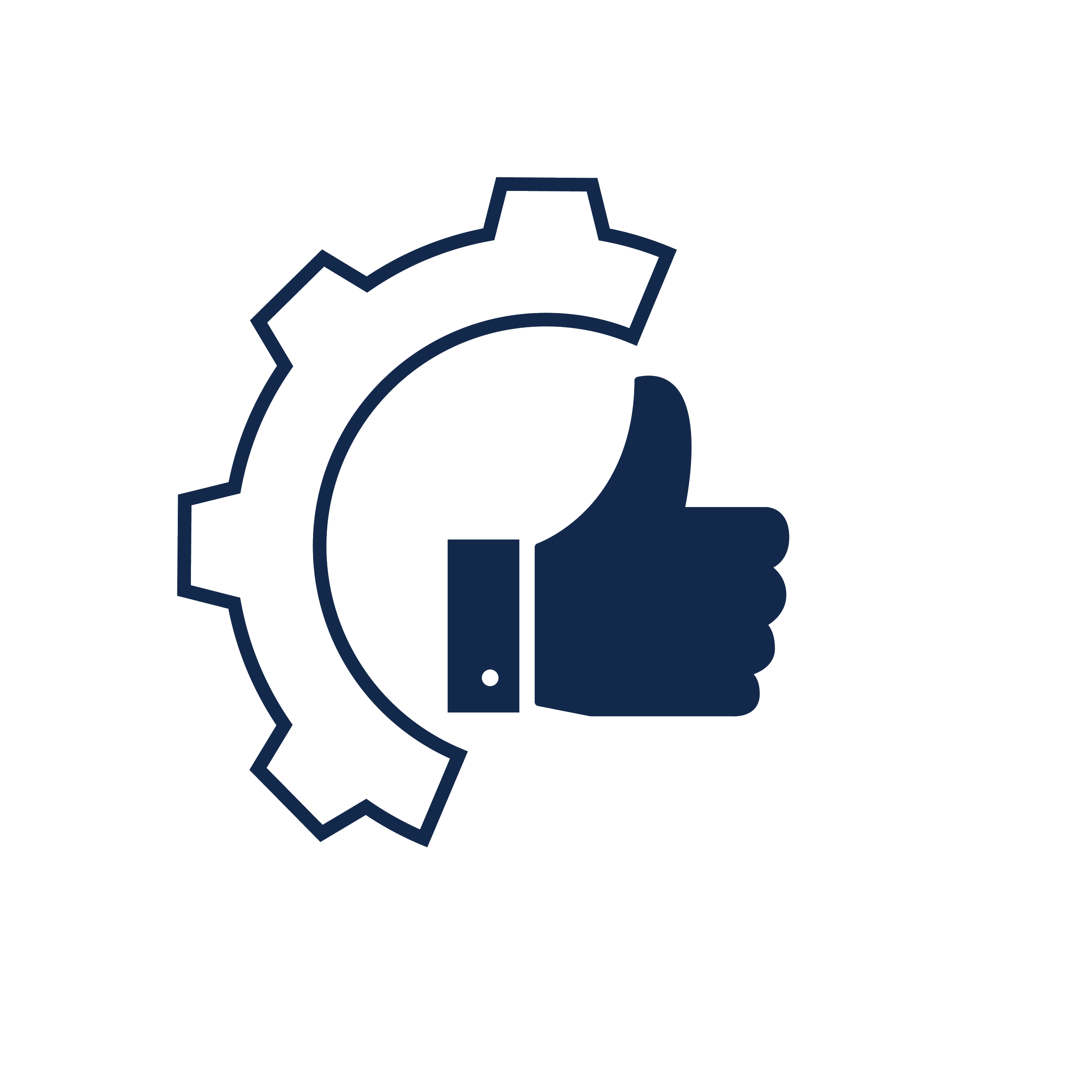 Outline of a gear with a thumbs up icon in the center, symbolizing approval or positive feedback related to engineering or automation.